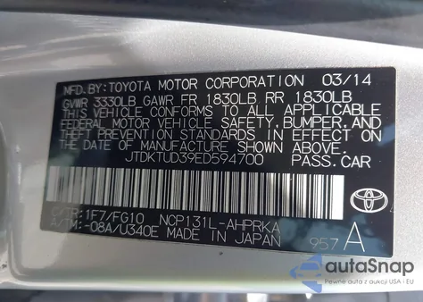 2014 Toyota Yaris L (Tmc/Cbu Plant) из США, поврежденный, VIN JTDKTUD39ED594700